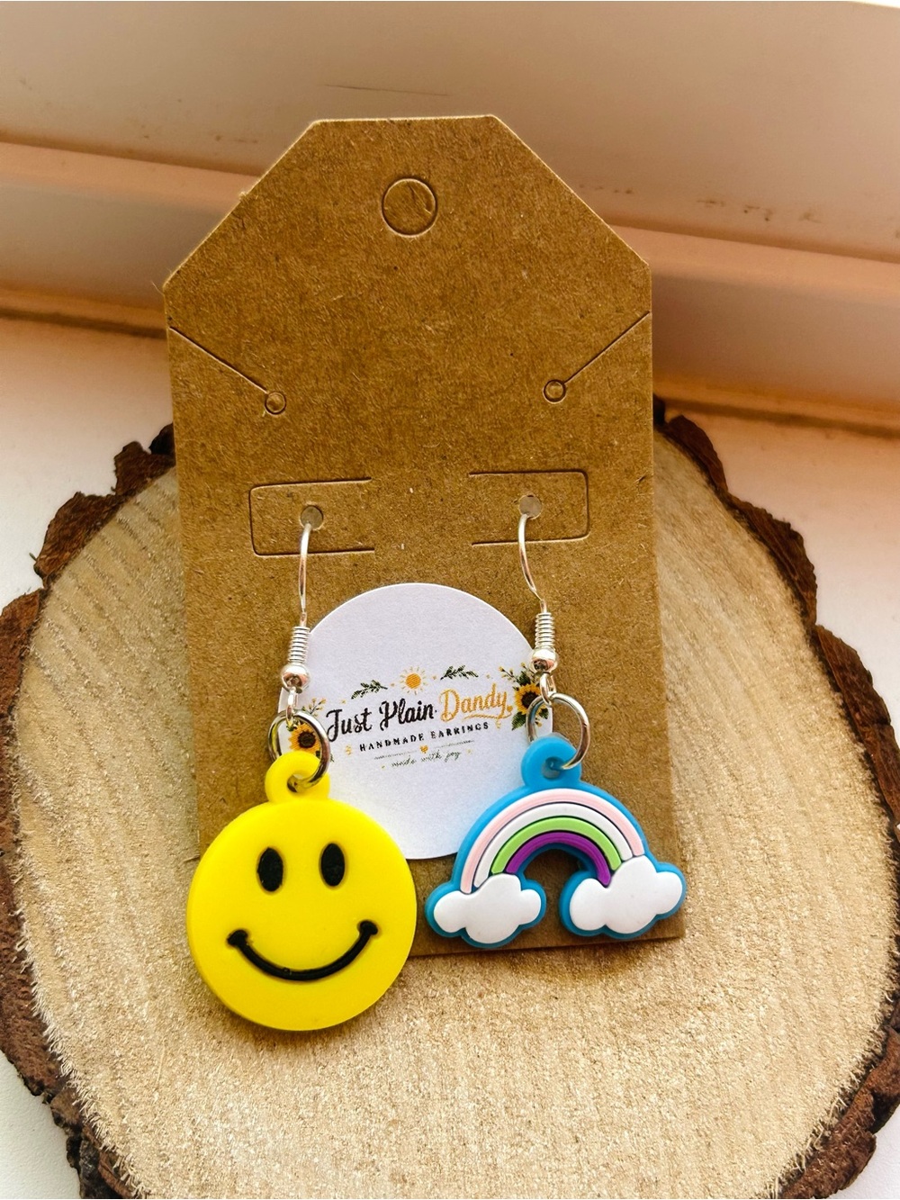 Smiley Face Rainbow Mismatched Handmade Dangle Earrings Retro Cute